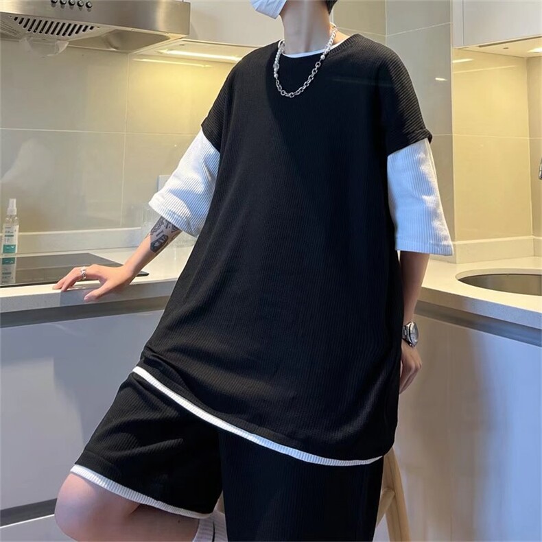 男潮流休闲套装宽松套装华夫格套装F13P40图片