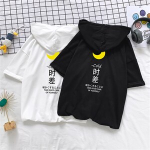 LD54047-P45 连帽短袖t恤男大码胖子带帽五分袖中袖图片