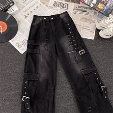 复古工装阔腿牛仔裤秋冬款高街设计感宽松高腰直筒裤子1174P75，男装牛仔裤，星座410-2
