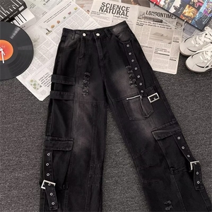 复古工装阔腿牛仔裤秋冬款高街设计感宽松高腰直筒裤子1174 P75图片