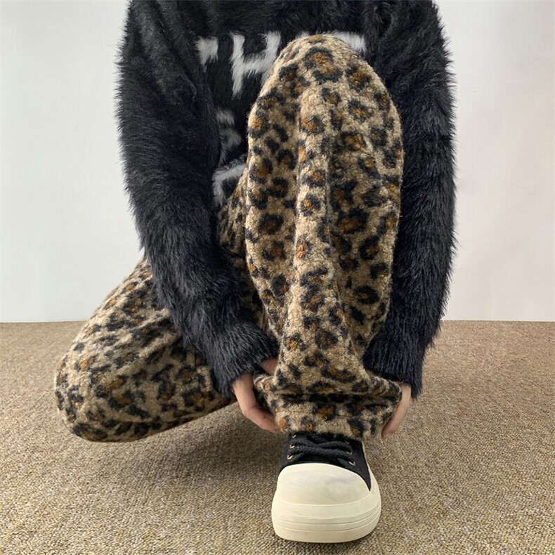 羊羔绒美式豹纹休闲裤男女秋冬加绒加厚哈尔滨防寒小众弯刀阔腿裤，男装休闲裤，星座206（原A221）