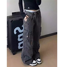 高质量美式复古工装牛仔裤大码女装2024新款宽松休闲阔腿拖地裤，男装牛仔裤，星座506A