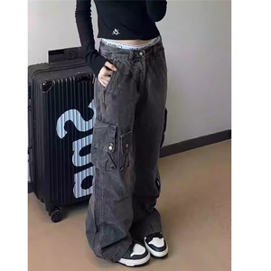 高质量美式复古工装牛仔裤大码女装2024新款宽松休闲阔腿拖地裤图片