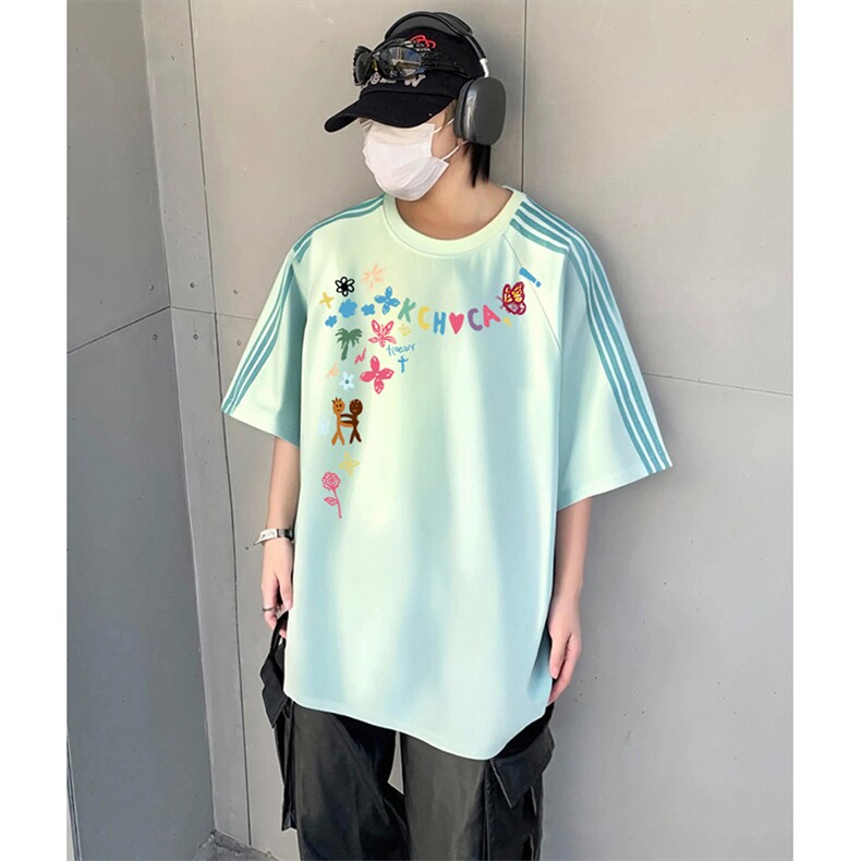 抖音得物品质二开240克宽松纯棉美式潮牌印花三条杠中性风短袖T恤,男装T恤,电商A486