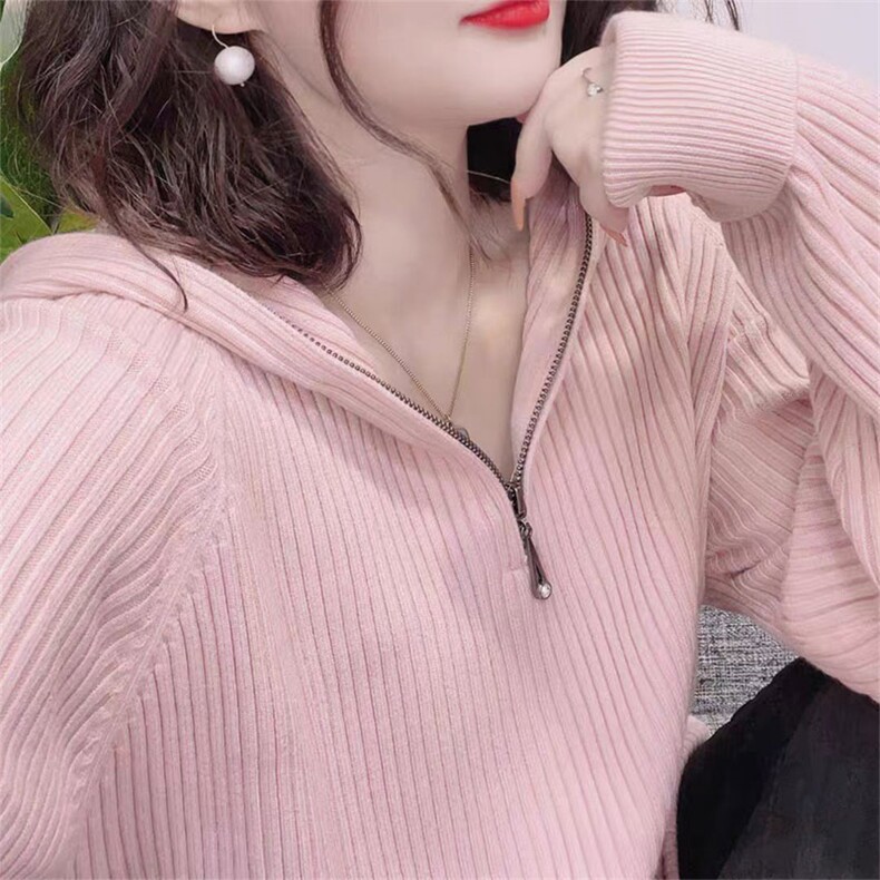 秋冬安迪绒连帽针织毛衣女套头坑条宽松显瘦帽衫拉链打底纯色百搭,针织衫/毛衣,佳绒包芯纱店