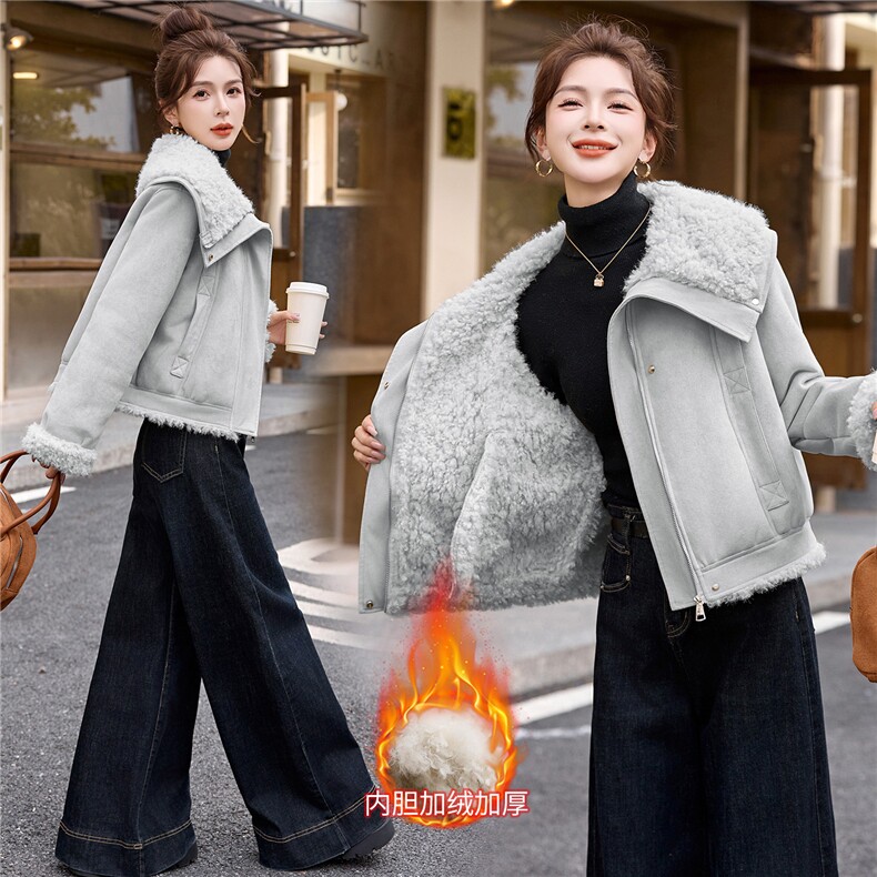 2025冬季新款复古短款皮毛一体,女装羊羔毛/颗粒绒,伊航服饰
