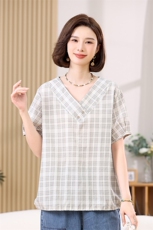 V领垂感天丝衬衫2025新款女士冰丝短袖复古格子衬衣中年妈妈上衣，女装衬衫，叶笙衣