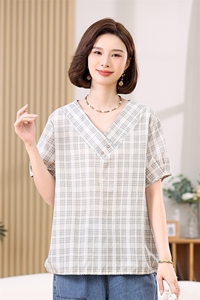 V领垂感天丝衬衫2025新款女士冰丝短袖复古格子衬衣中年妈妈上衣图片