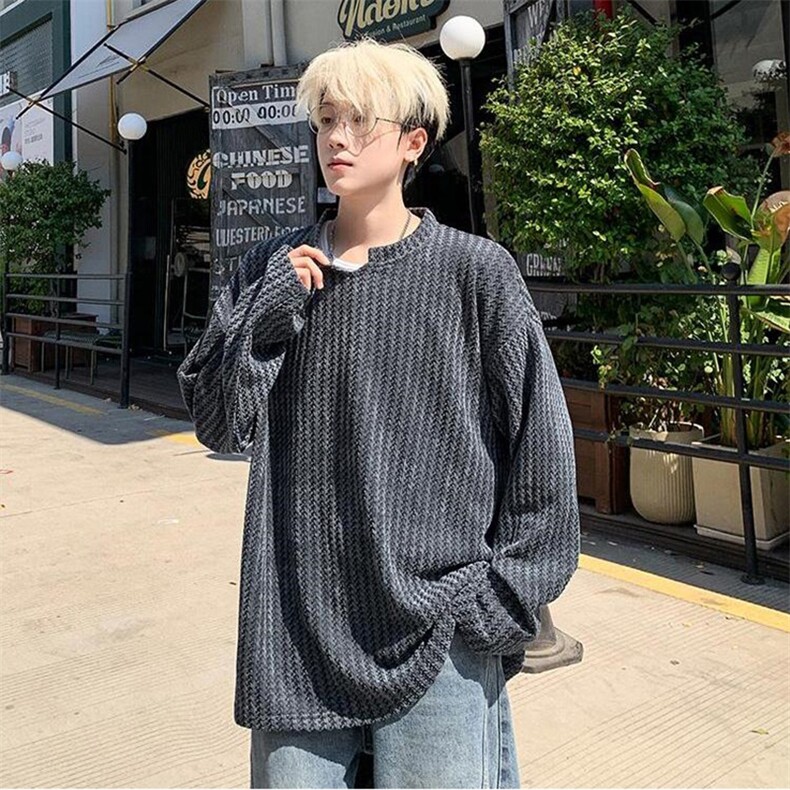 美式高街千鸟格子长袖T恤男女亨利V领英伦雅痞休闲宽松长袖打底衫，男装T恤，电商A443