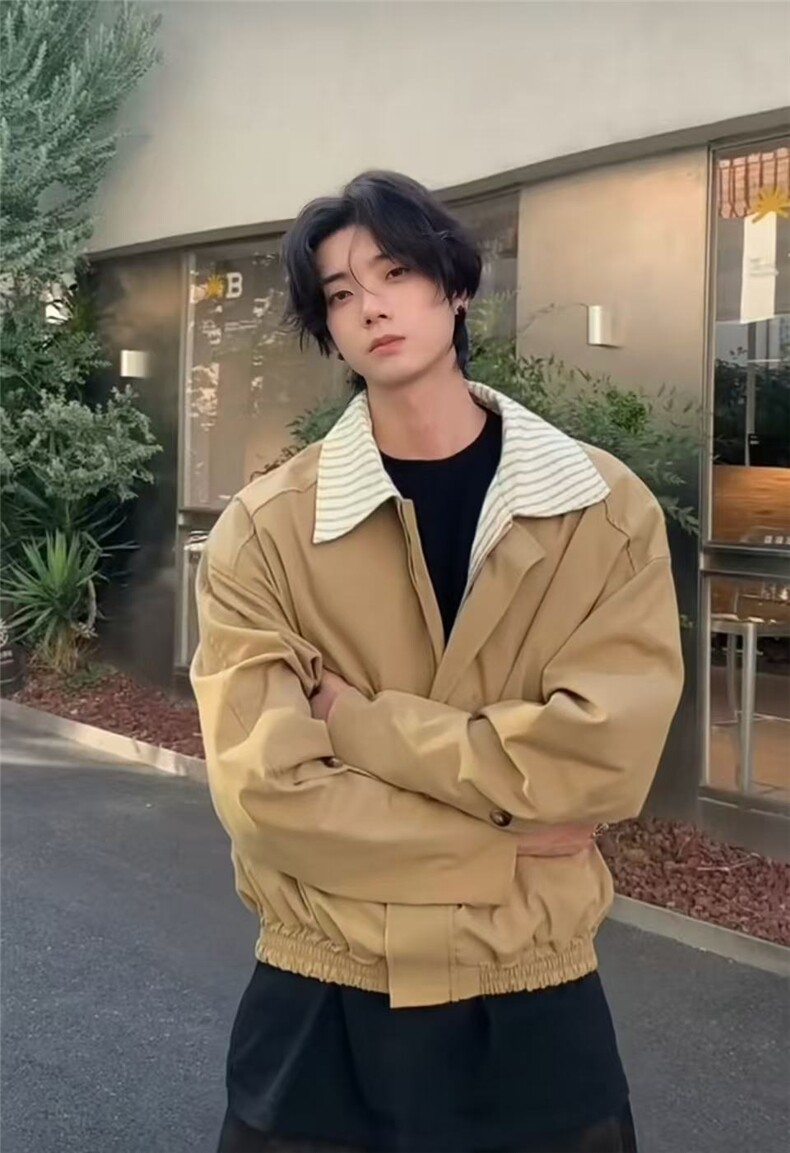 网图条纹拼接假两件外套男美式复古廓形飞行员夹克JKT15-特P68,男装夹克,星座1007（原301D）