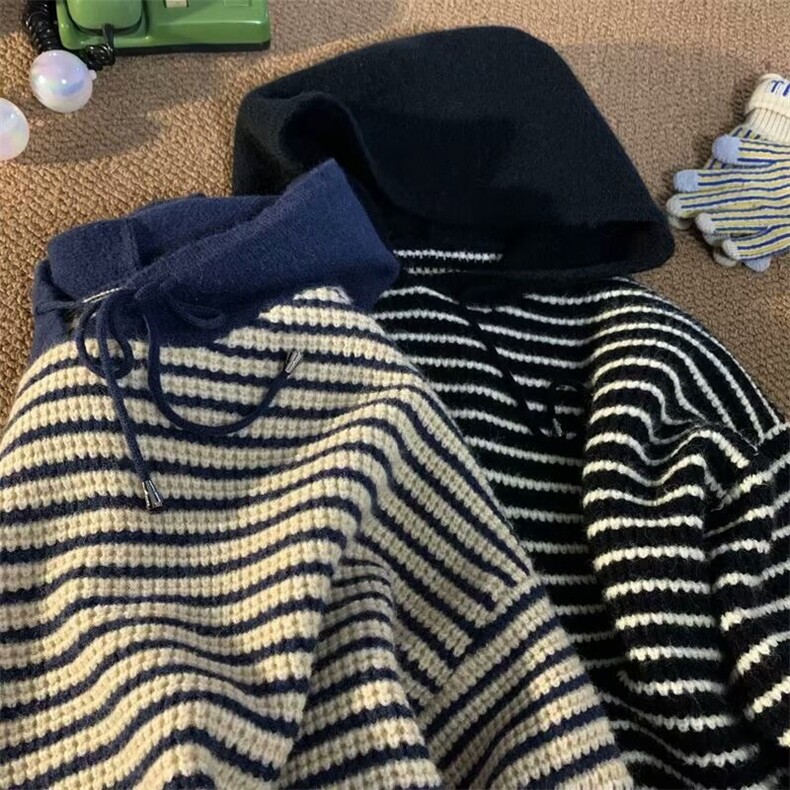 M261-P48 秋冬季连帽条纹毛衣男美式街头复古高级感宽松套头图片