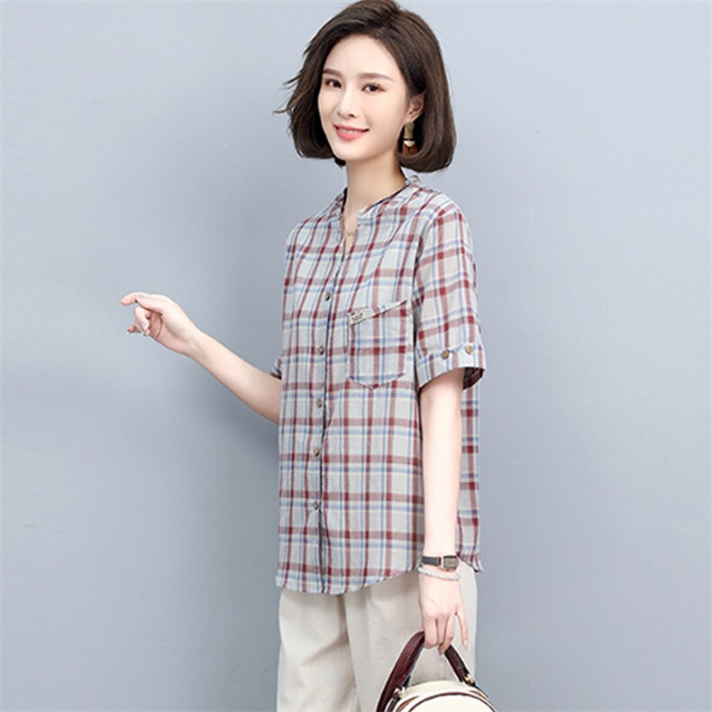 2022年夏季新款短袖衬衣格子衬衫女时尚韩版上衣潮,女装衬衫,忆绮罗