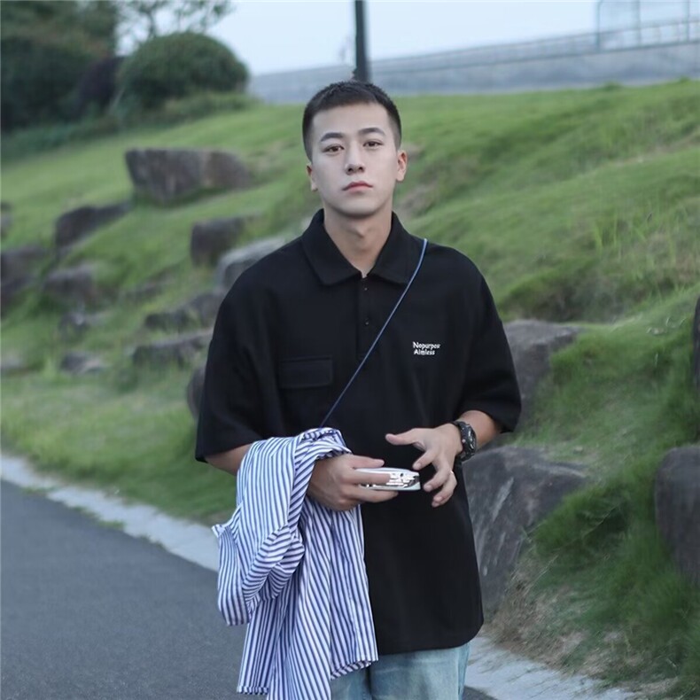 2025夏季新款短袖polo衫男夏季日系学院风t恤宽松男生半袖保罗衫,男装T恤,星座506A