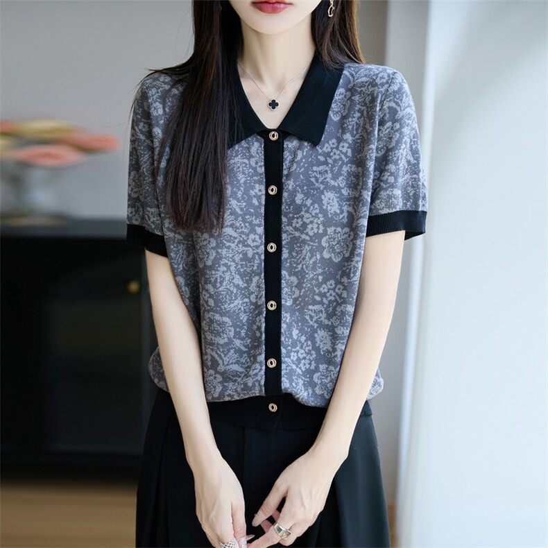 撞色提花天丝POLO领针织短袖开衫T恤女2025夏显瘦宽松大码t恤上衣图片
