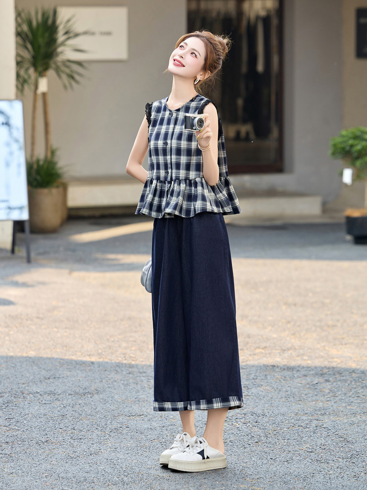 韩里韩气穿搭套装女2025夏新款休闲减龄格子无袖牛仔阔腿裤一整套,女装套装/套裙,艾尚靓装