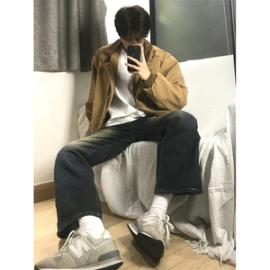 复古卡其工装外套男设计感宽松日系翻领拼色休闲夹克上衣 W139图片