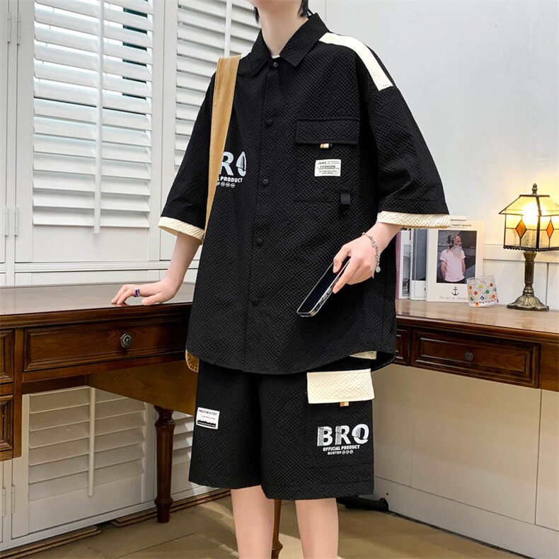 夏季潮流玉米格开衫宽松短袖衬衣短裤帅气港风套装A436-D219-P60,男装休闲套装,电商A436