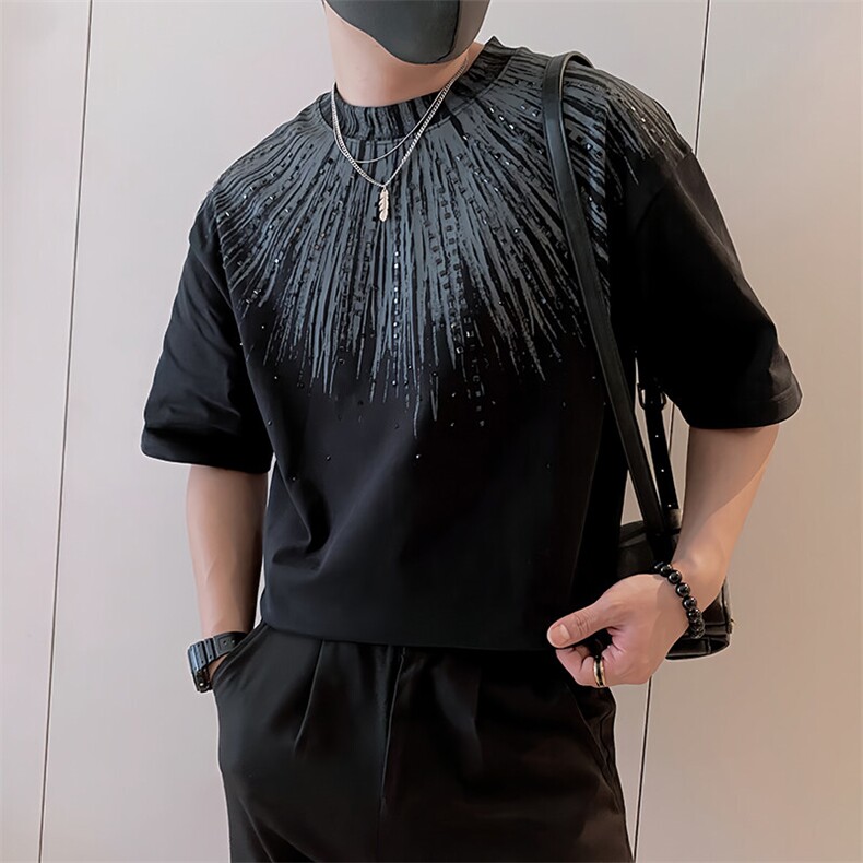 8965/P58控78夏季社会小伙360克重磅渐变印花套装工艺男黑首2,男装休闲套装,星座305B