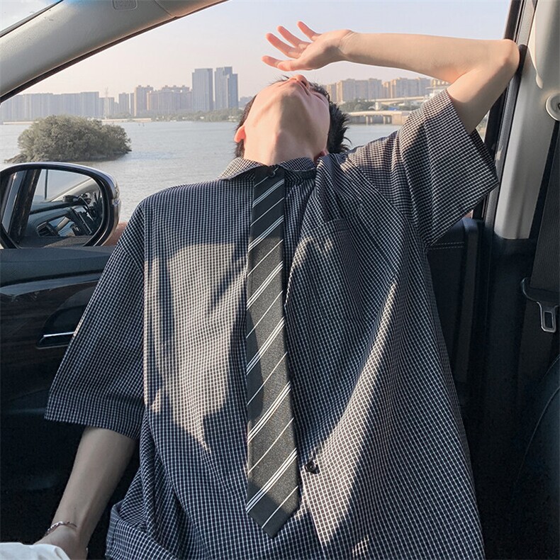 细格子短袖衬衫5XZ1030-TP5588配领带港风青少年复古衬衣,男装衬衫,电商A102