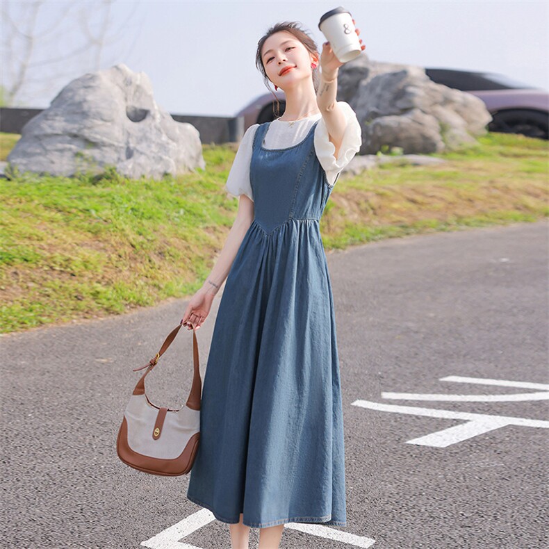 女童裙子套装夏季2024新款儿童牛仔连衣裙泡泡袖短袖T恤两件套潮,女装套装/套裙,慧尚依恋