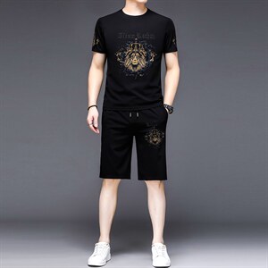 YS-X333夏季男式短袖长裤短裤三件套运动休闲套头修身T恤套装P132图片