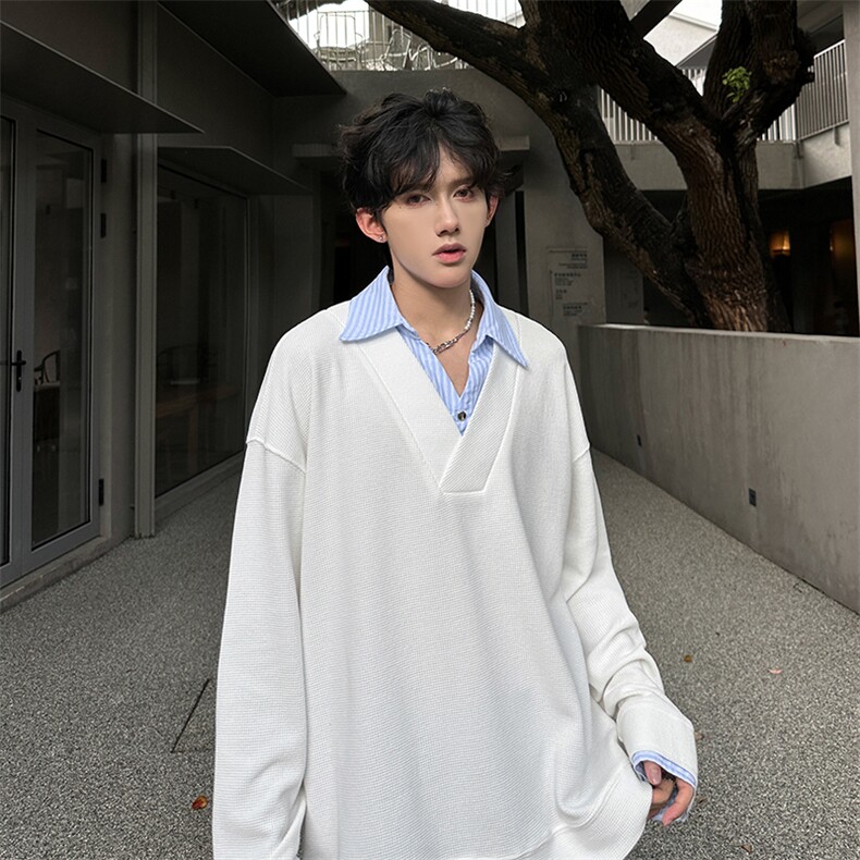 现货  双色拼接翻领V学院风百搭休闲男T恤  A071-3307-P55图片