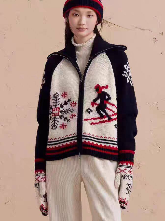 秋季新款时尚气质百搭简约拉链绣花针织羊毛开衫，女装羊毛衫，聚奥羊绒