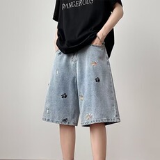 腊肠狗刺绣牛仔短裤男夏季薄款宽松直筒水洗中裤情侣潮牌5五分裤，男装牛仔裤，星座1210-1
