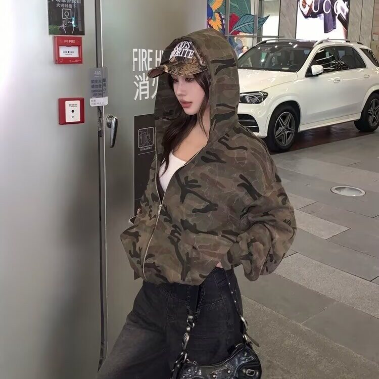 迷彩连帽短款卫衣女2025秋冬加绒宽松甜酷风外套潮JKS451,女装短外套,星座516A