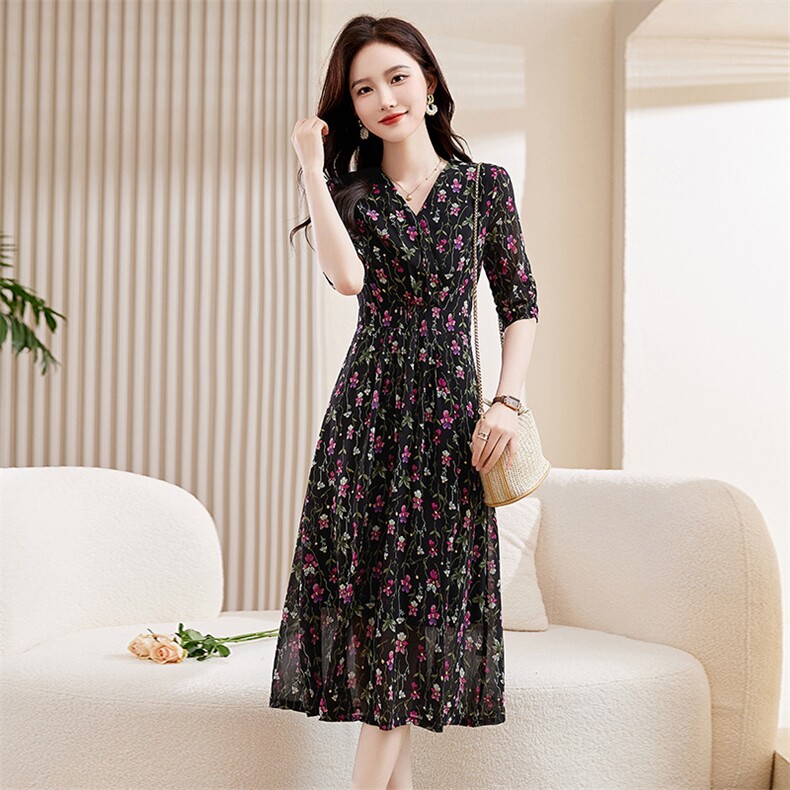 珂家商场同款2025年夏季新款浪漫茶歇V领收腰优雅连衣裙KF11887R1，女装连衣裙，牡丹诺