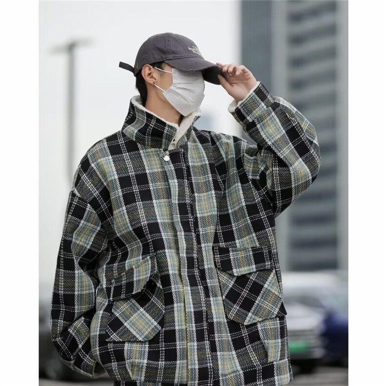 格子羊羔毛棉衣男士冬季加绒加厚潮流棉服M9018P90,男装棉衣,星座1116-2