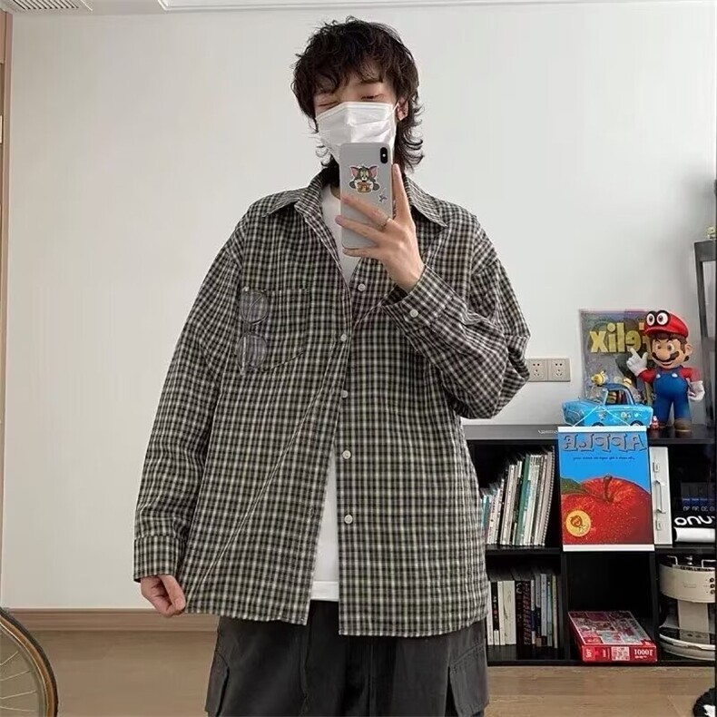 日系复古格子长袖衬衫男女生休闲慵懒宽松衬衣1001-1-C316-P40,男装衬衫,星座1001-1