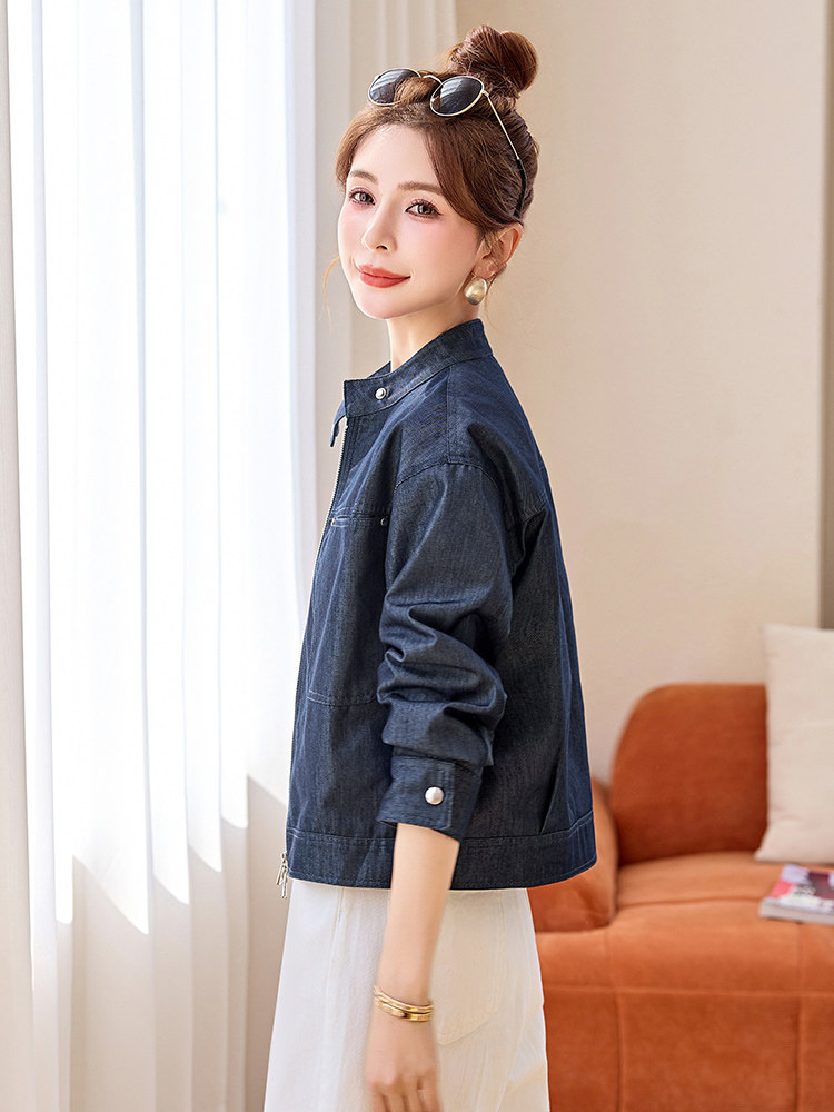 时尚复古蓝色牛仔短款外套女2025春秋新款小个子休闲立领夹克上衣,女装短外套,美沁