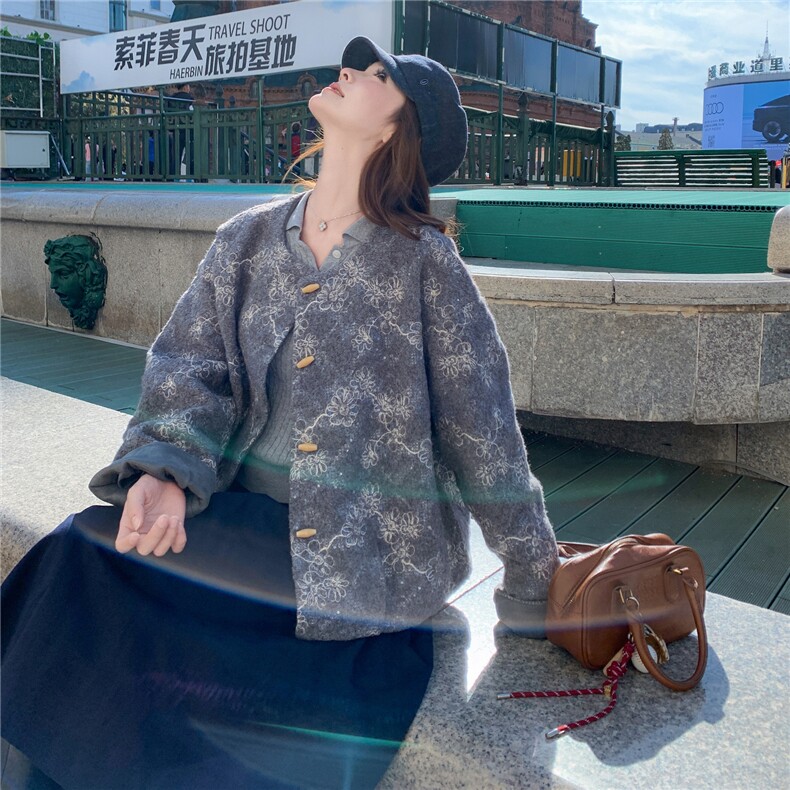 新中式国风提花毛呢外套女2025秋冬新款韩系宽松百搭加厚呢子上衣图片