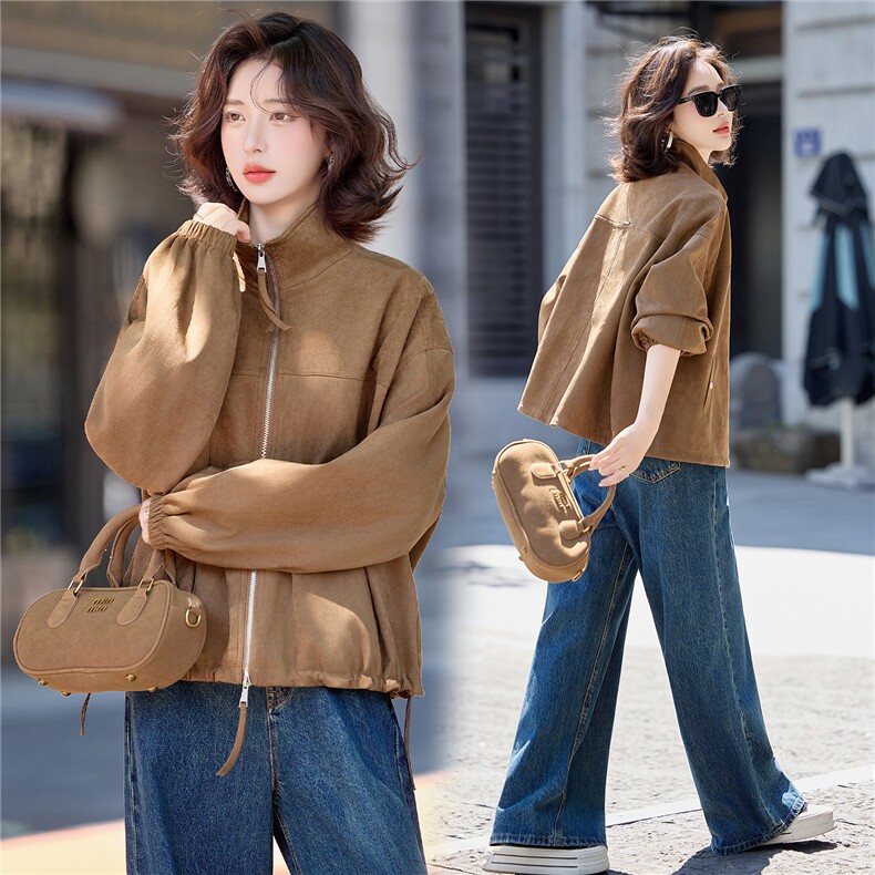咖色美式复古立领麂皮绒外套女2026早春新款韩版宽松百搭短款夹克图片