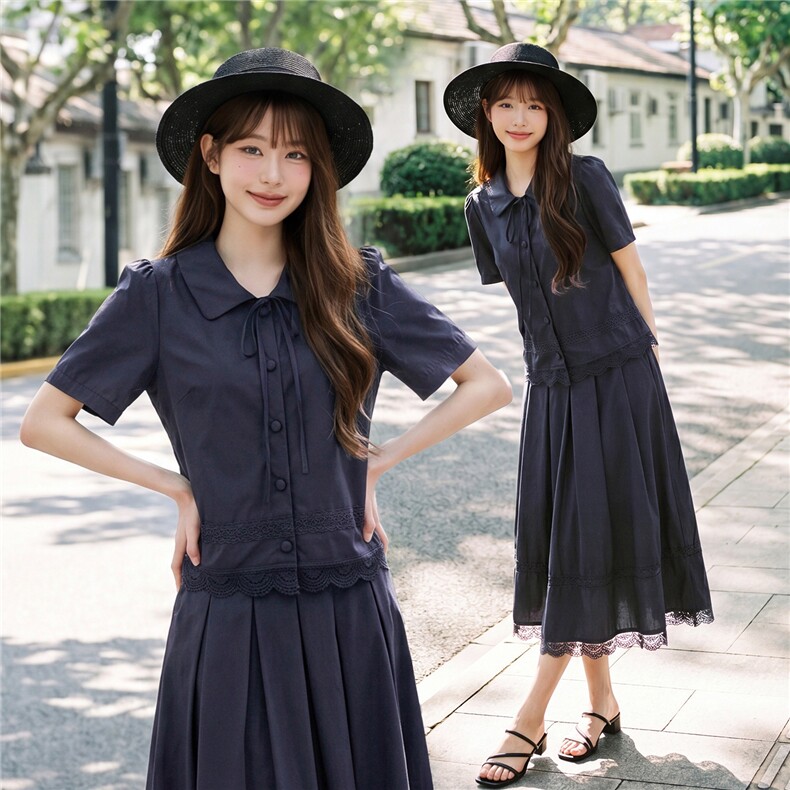 蕾丝拼接娃娃领系带上衣松紧腰半裙学院风套装女,女装套装/套裙,水衣源