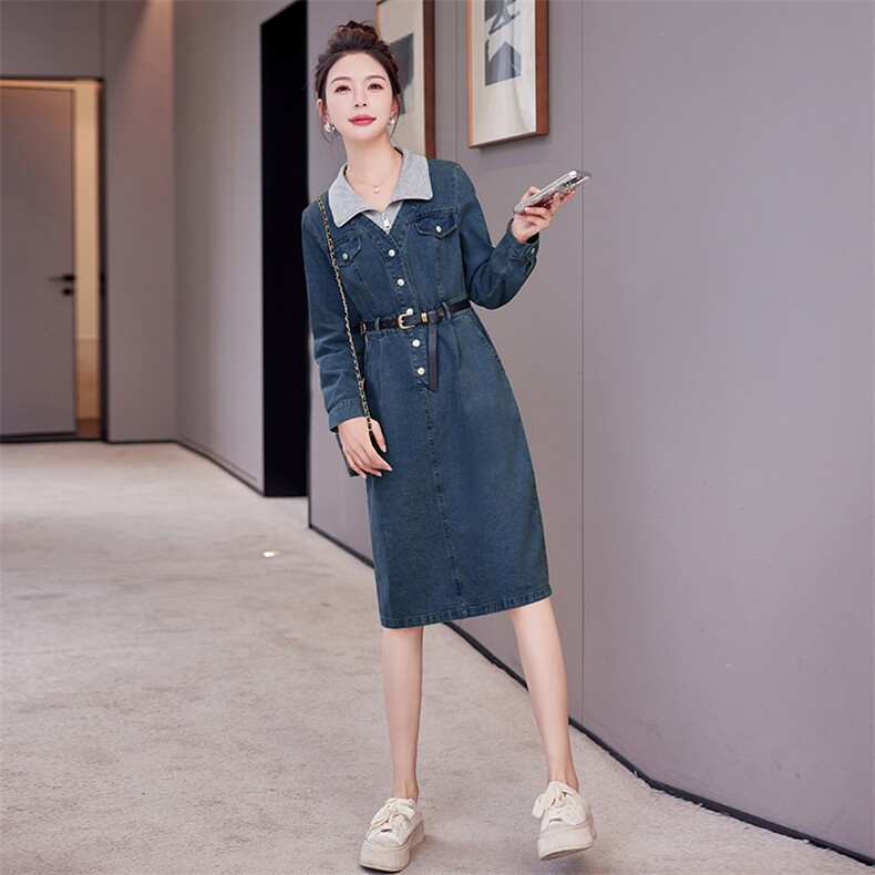 韩版假两件拼接牛仔连衣裙女2024春秋新款时尚气质收腰显瘦a字裙,女装牛仔裤,依路服饰