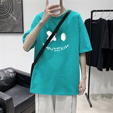 T1795P25港风室内宽松T恤棉2021男线条笑脸英文印花短袖T恤，男装T恤，星座510A-1