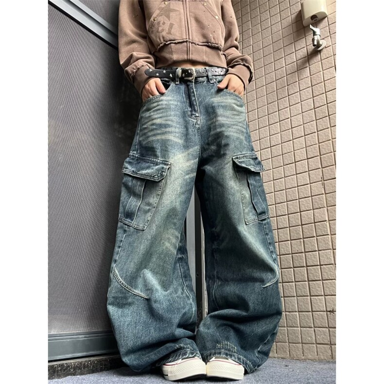 帅气宽松百搭休闲工装裤女美式春新款高腰显瘦直筒多口袋牛仔裤子图片