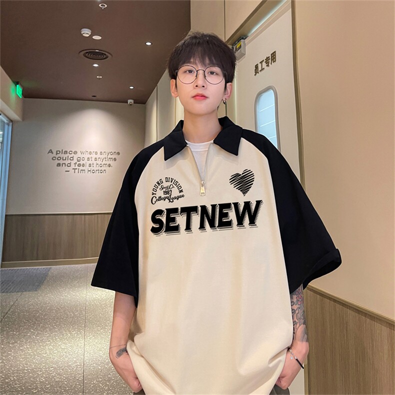 港风重磅全棉撞色插肩袖polo衫短袖男T恤GP235-p45控78图片