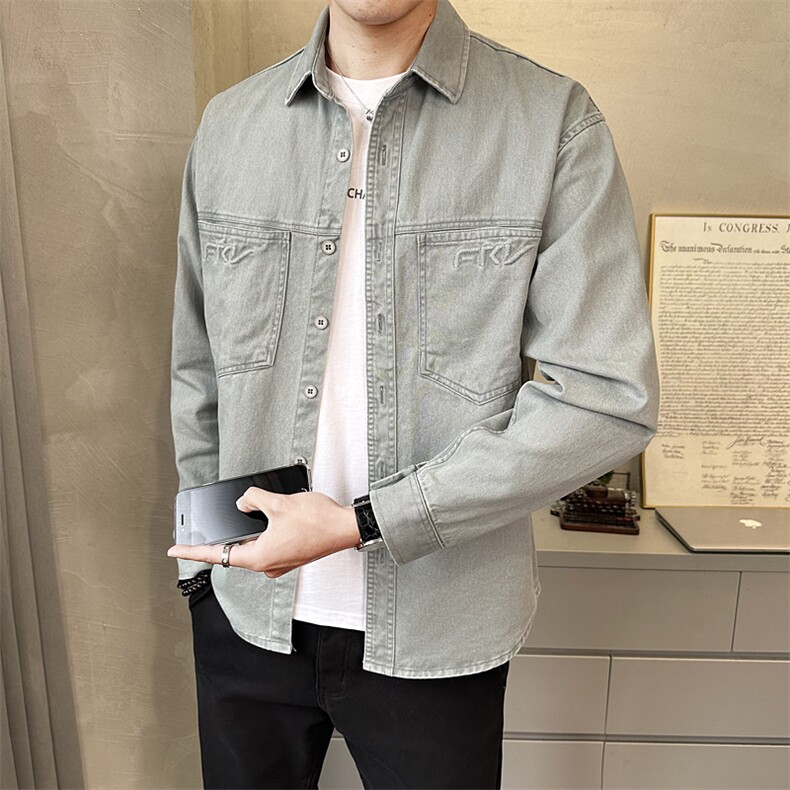 春季新款纯色工装牛仔衬衫外套男休闲百搭长袖衬衣上衣C1822-P95图片