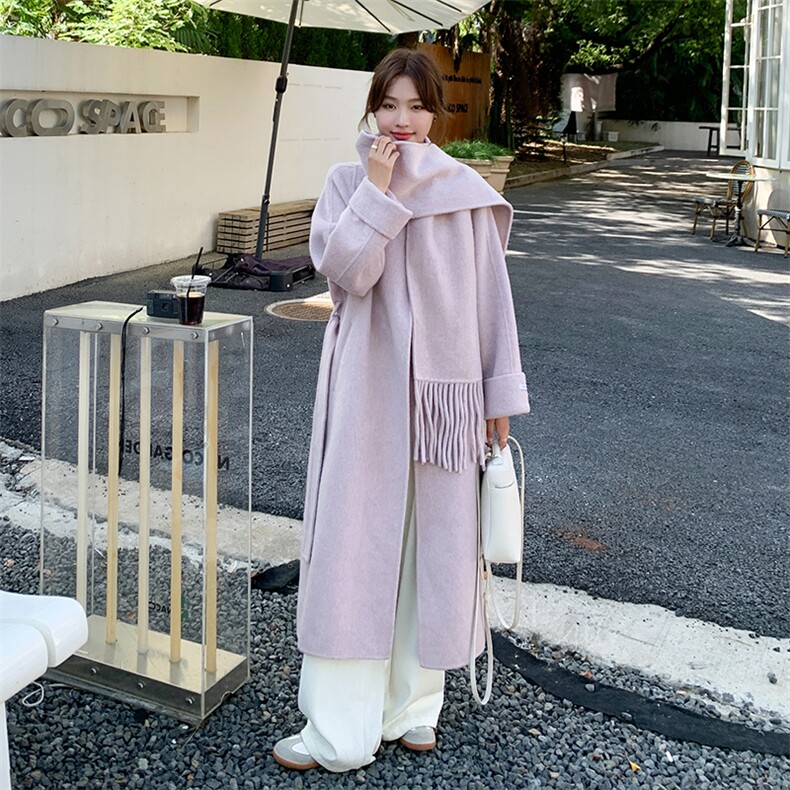 现货手工缝制70羊毛双面呢大衣配围巾210-651-P270-K398,女装双面呢大衣,韩蜜菓