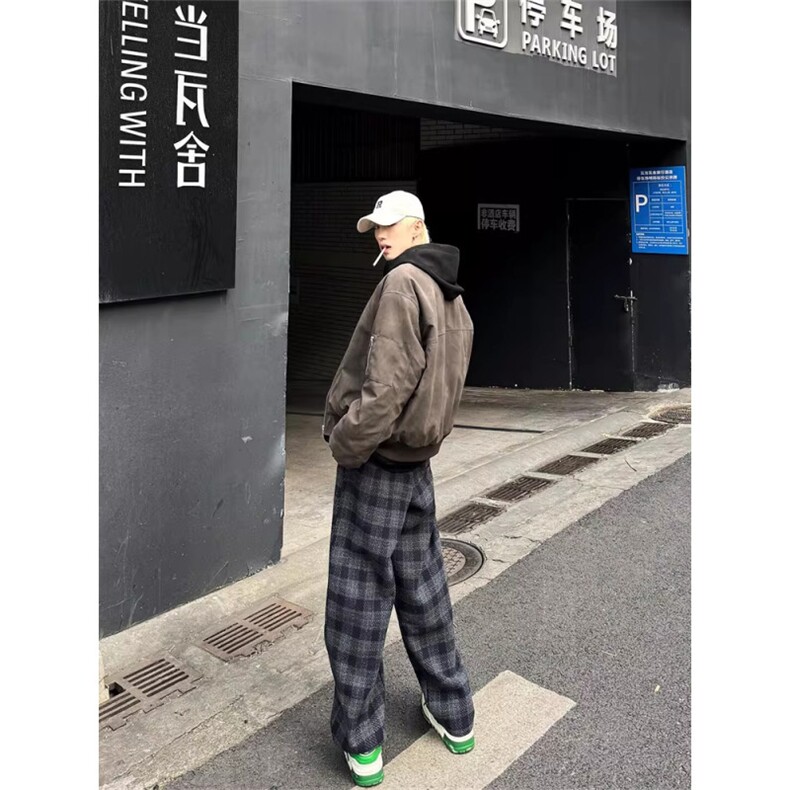 蓝色小香风格子裤男春秋美式加厚青少年裤子宽松阔腿直筒休闲裤,男装休闲裤,四季星座505