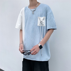 新款夏季男潮流宽松休闲潮牌学生短袖T恤上衣圆领拼接五分袖半，男装T恤，星座410-7
