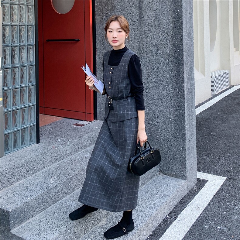 格纹马甲打底衫半身裙套装女秋冬2025新款小个子爆款高级感三件套,女装套装/套裙,1D102-1