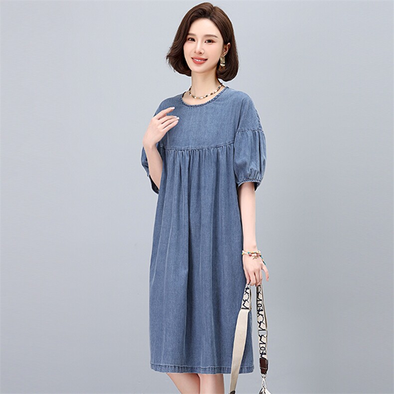 中年妈妈牛仔连衣裙女中长款2025夏季新款宽松遮肚子显瘦减龄裙子,女装连衣裙,悦见她