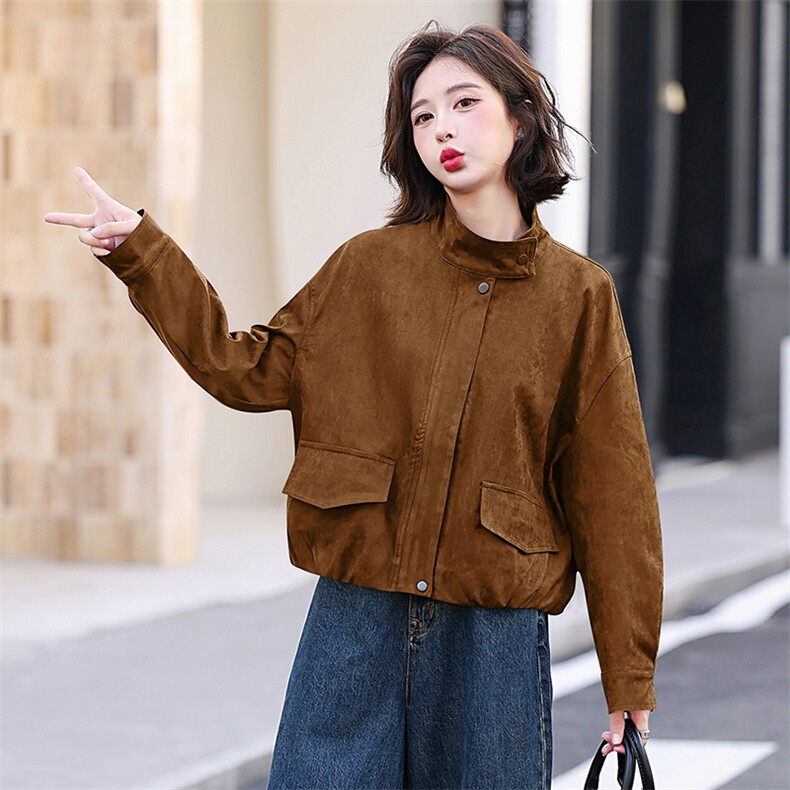 欧货百搭外套女短款2025年春季新款拉链麂皮绒蝙蝠袖显高立领上衣,女装短外套,木子恋