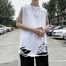 ins个性潮流无袖T恤潮牌破洞背心男潮坎肩破坏下摆打底衫B52-p22，男装背心/马甲，星座1008