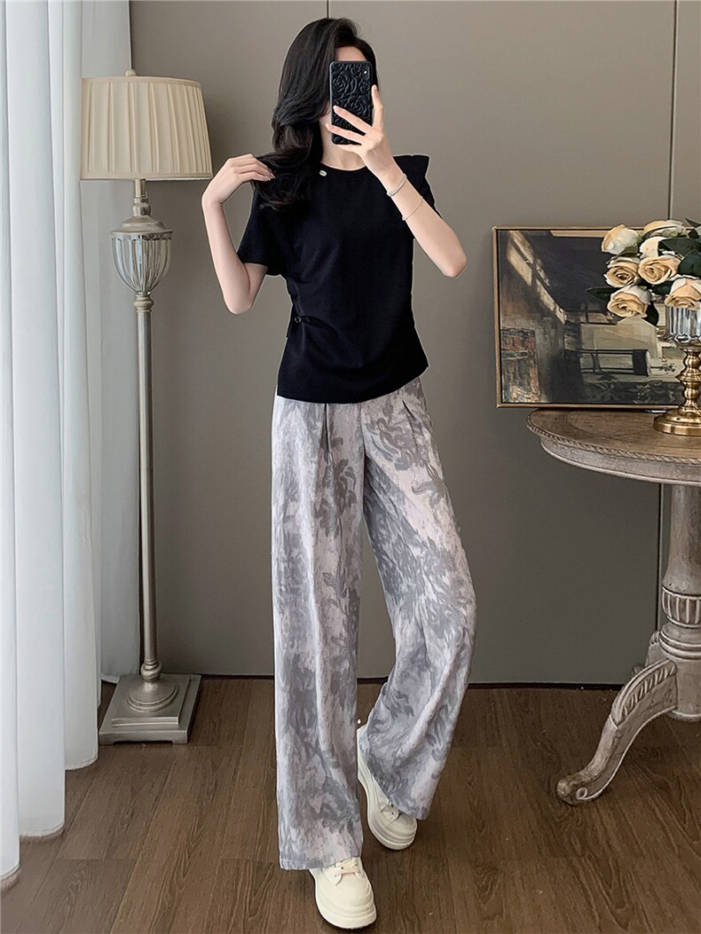 高级感时尚潮流套装女夏款显瘦圆领开叉不规则短袖印花长裤两件套,女装套装/套裙,江南