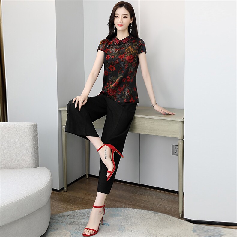 现货夏季新款复古花纹简约时尚优雅柔美气质修身两件套装裤图片